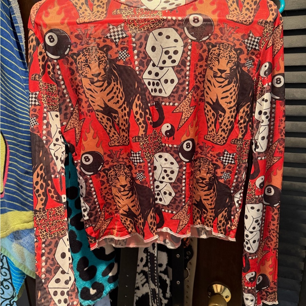 Red Graphic Long-Sleeve Women's Top with Leopard Motif